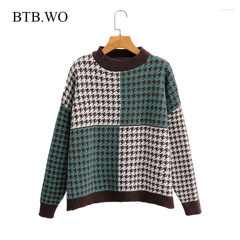 

Women's Sweaters BTB.WO Women 2022 Fashion Vintage Jacquard Cropped Knitted Sweater O Neck Long Sleeve Lady Chic Houndstooth Pullovers Tops, Picture color