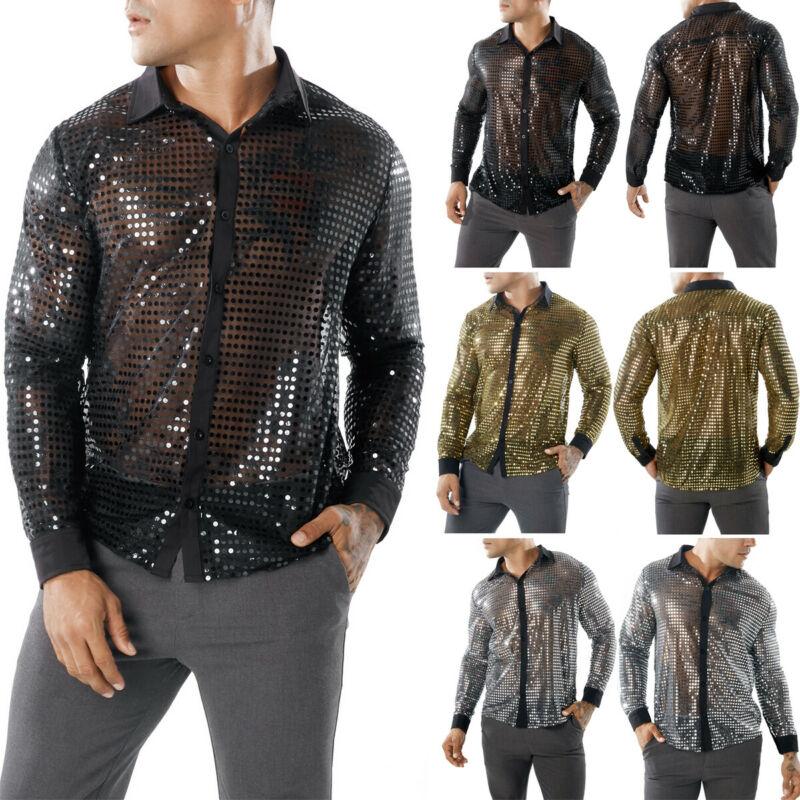 

Men's Casual Shirts UK Fashion Men Sequins Slim Fit Long Sleeve Tops Nightclub Shirt, White;black