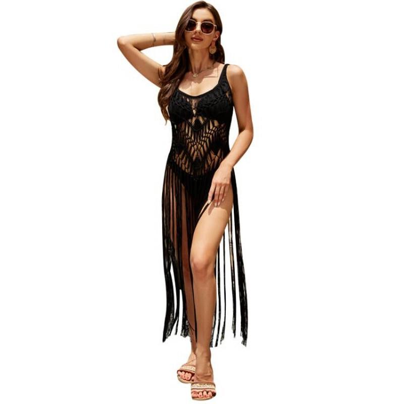 

Women's Swimwear Crochet Dress Cover Up Women Knitted Hollow Out Sexy Sundress Swimsuit Summer Fashion Tassel Beach Long RobesWomen's, Black