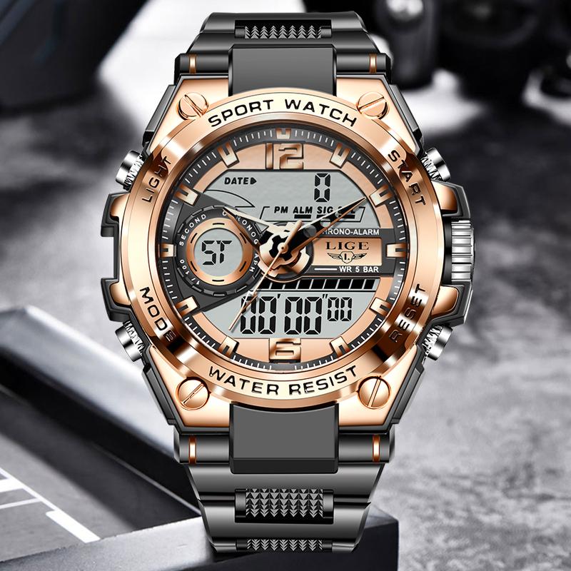 Montres-bracelets LIGE Sport militaire montre-bracelet hommes montres marque mâle pour horloge double affichage montre-bracelet armée extérieure