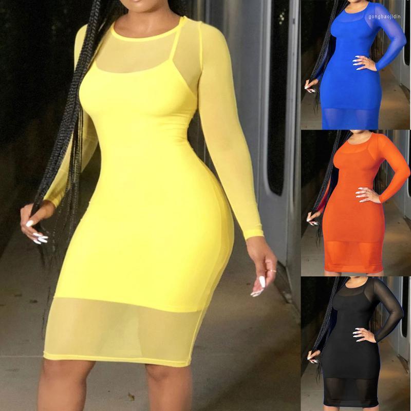 

Casual Dresses Women Round Neck Long Sleeve Mesh Dress Sling Two-piece Pure Color Womens Fashion Clothing Vestido De Mujer, Black
