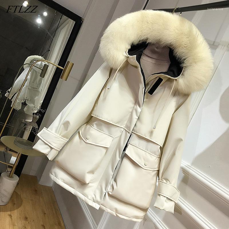 

Women' Down & Parkas FTLZZ Winter White Duck Jacket Women Large Natural Fur Hooded Snow Coat Casual Loose Thick Sash Tie Up Luci22, Beige