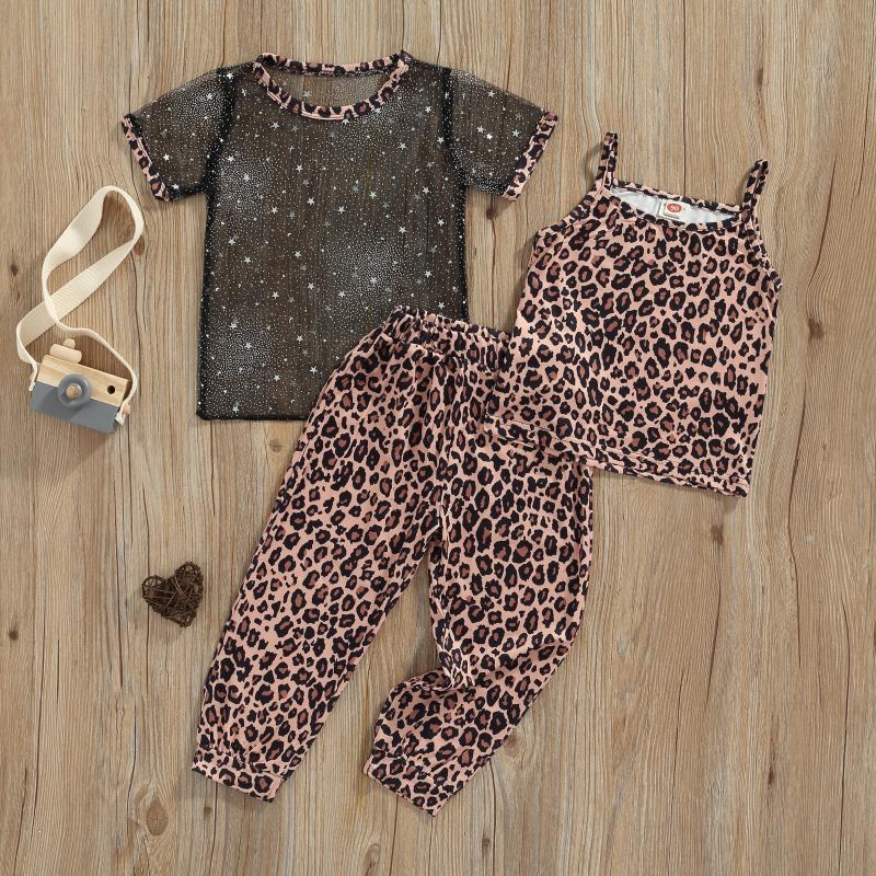 

Clothing Sets Kids Girl Tanks Pants T-Shirt Leopard Print See-Through Mesh Cool Casual Style Summer ClothingClothing, As pic