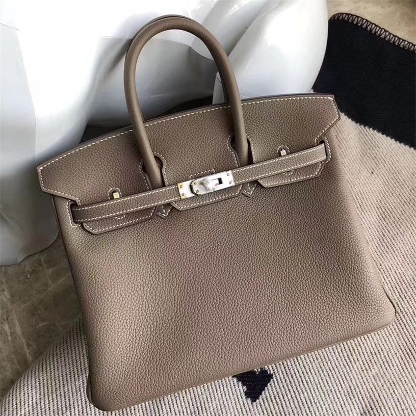 

Birkins Handbag Handmade platinum bag imported calfskin litchi pattern hand sewn wax thread Epsom pikelli leisure handbag, Brown