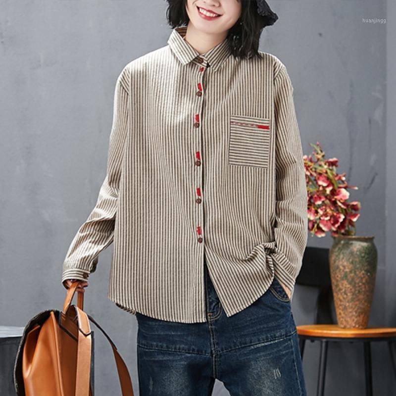 

Arrival Spring Women Loose Long Sleeve Striped Shirt Vintage Embroidery Cotton Linen Blouse Big Size Ladies Tops S460 Women's Blouses & Shir, Khaki