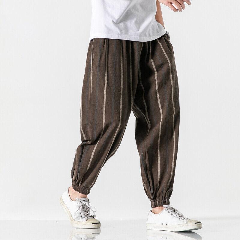 

Men's Pants Hiphop Men Harem Baggy Stripe Cotton Linen Trousers ChineseMen's, Black