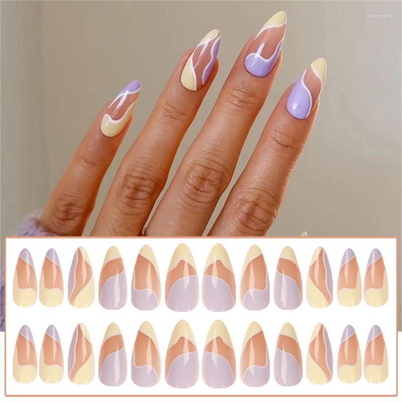 

False Nails 24PCS Lines Press On Long Pointed Head French Style Artificial Fake Removable With Jelly Gel/Glue EIG88 Prud22, Jelly glue