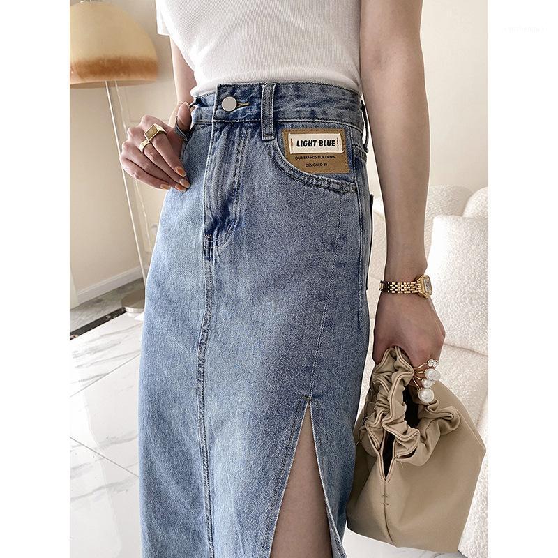 

Skirts Spring Summer Irregular Women Midi Jeans Casual High Waist Pockets Split Female Package Hip Denim 2022, Black
