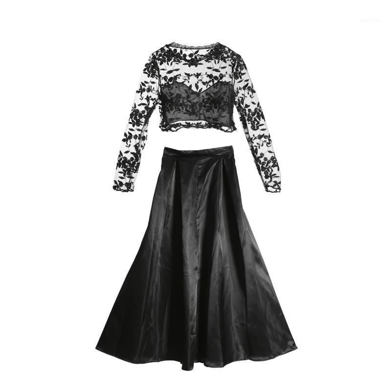 

Casual Dresses 2PCS Elegant Floral Lace Cocktail Party Womens Long Sleeve O-neck Hollow Out Swing Skater Dress, As pic