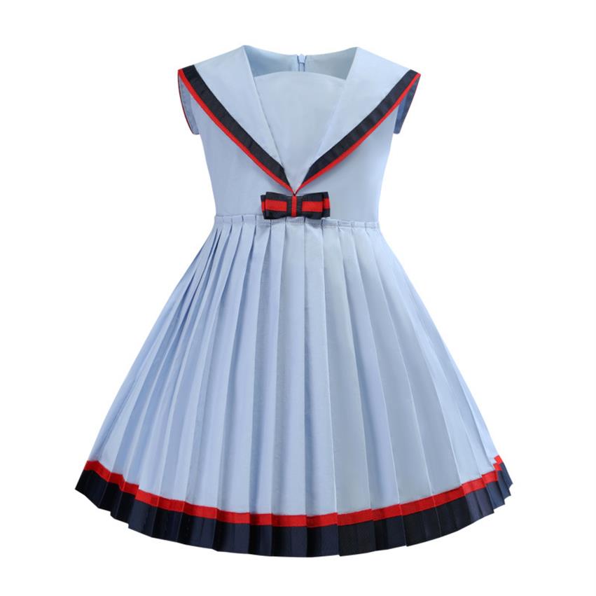 

Girl Sailor Collar Blue Dress Navy Collar Short Sleeve Elegant Pleated Princess Dress Kids Designer Clothing Dress2349, Wathet blue