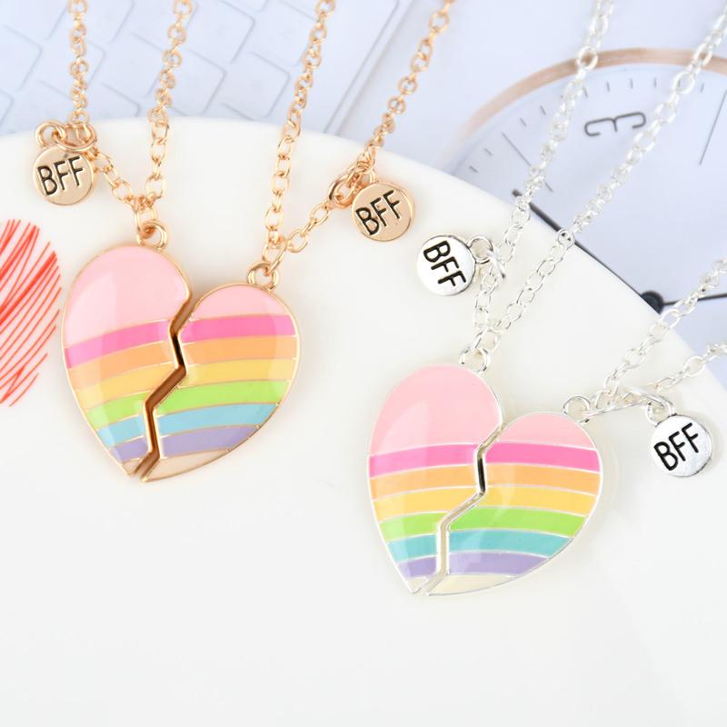 

Pendant Necklaces Cute Colorful Rainbow Heart Shape Chain Friends Necklace BFF Friendship Children's Jewelry Gift For Girls 2Pcs/SetPend