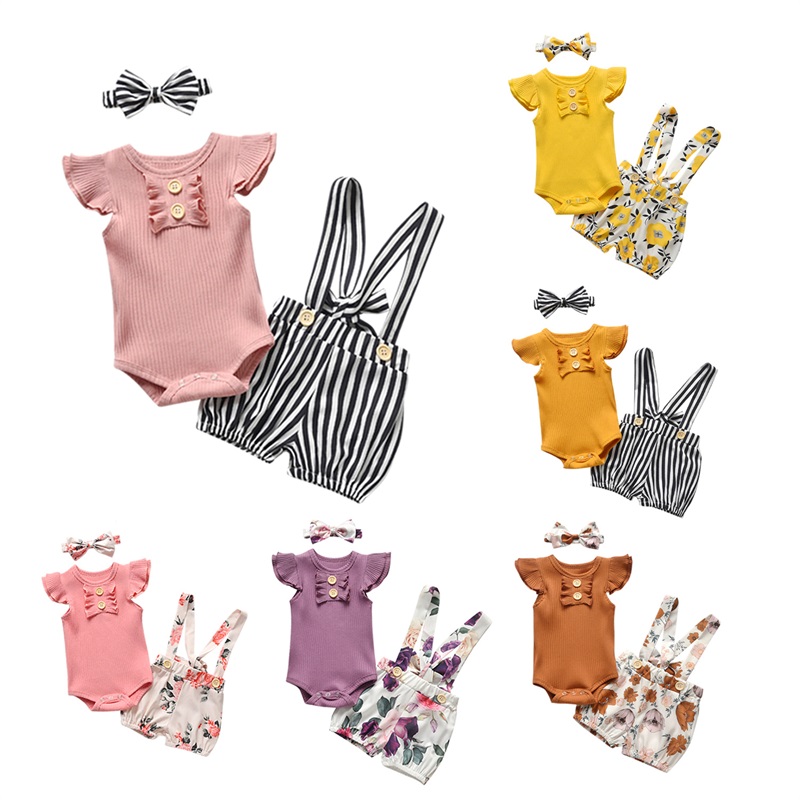 

Baby Girl Summer Clothes Set Fashion Newborn Infant Knitting Cotton Ruffles Romper Shorts Bow Headband 3Pcs For Toddler Outfits 2776 T2, As show