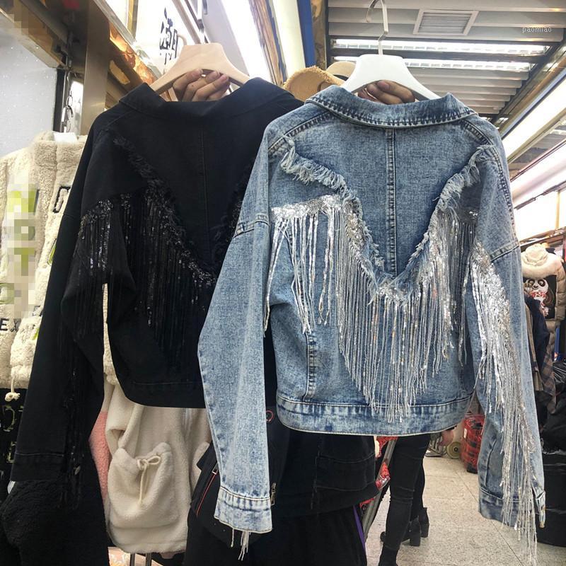 

Women's Jackets Jean Jacket Woman Fringed Sequined Denim Spring Retro BF Loose Short Jeans Top Chaqueta Chaquetas, Black