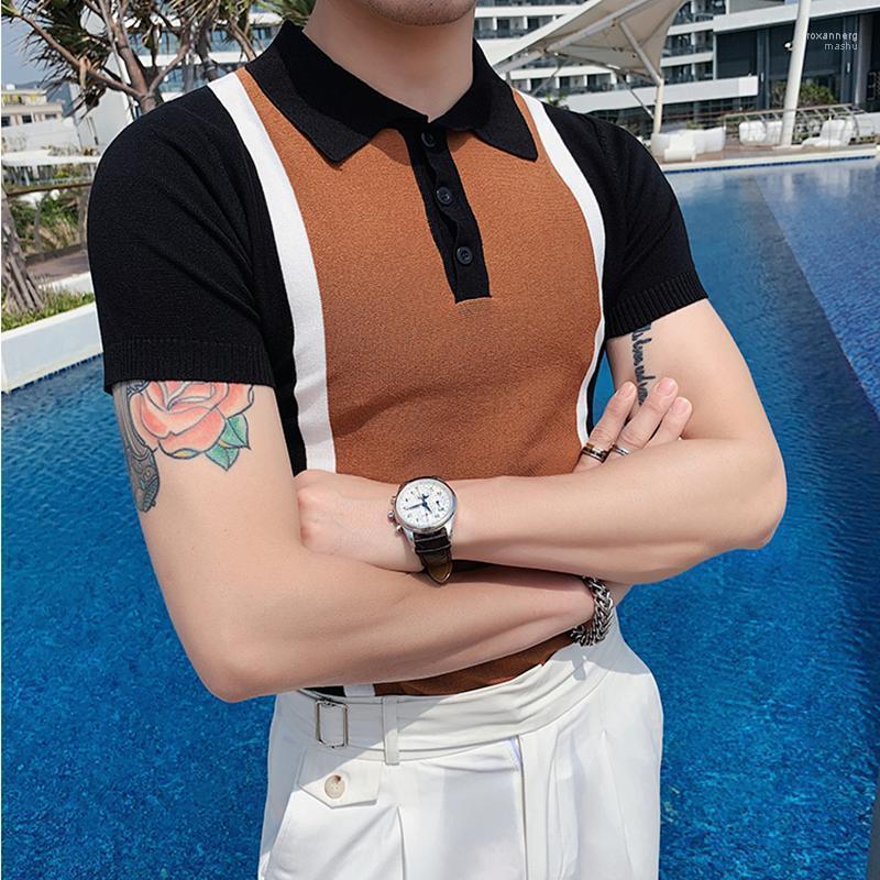 

Men's Polos 2022 Summer Knitted Striped Shirts Contrast Color Slim Casual Business Social Lapel Tee Tops Streetwear Roxa22, Green
