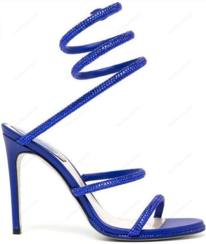 

RENE CAOVILLA Cleo open toe sandals crystal embellished spiral snake tail sandals twining rhinestone sandal women Top quality Hot Blue Grey stiletto heels shoes, Only a boxes