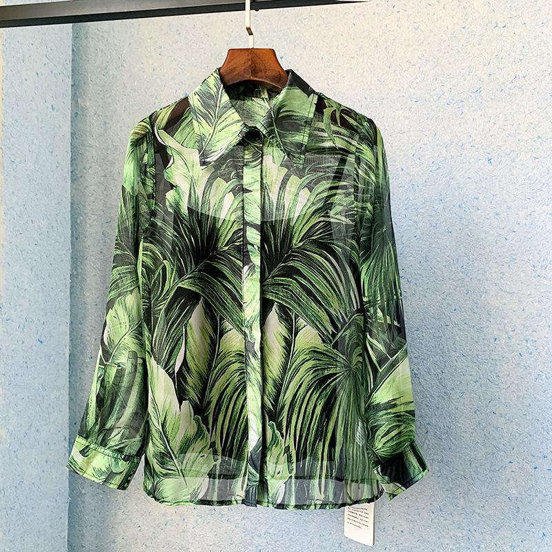 

Women' Blouses & Shirts Green Floral Print Banana Leaf Long Sleeve Loose Top Shirt Women 2022 Summer Europe Boho Holiday Beach Clothes