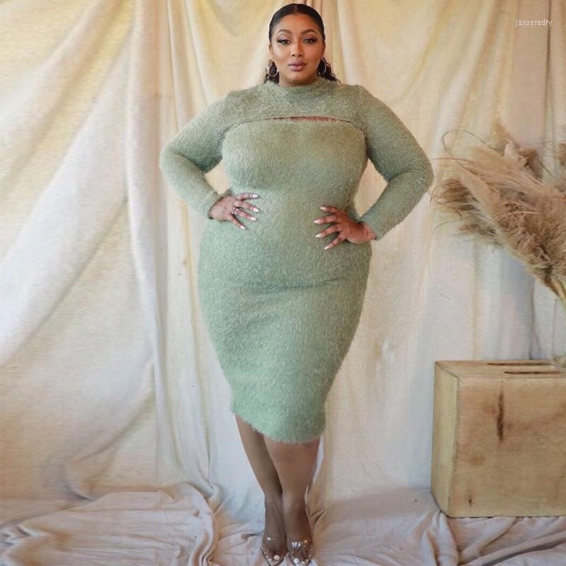 

Plus Size Dresses Clothing -5XL For Women 2022 Sexy Villi Long Sleeve Hollow Out Warm Bodycon Dress Wholesale Drop Jasp22, Black