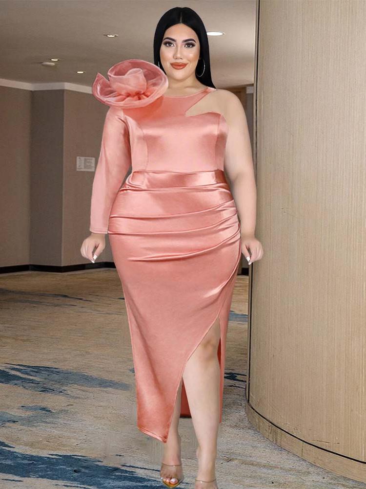 

Plus Size Dresses Women's Summer Midi Dress Bodycon Slim Flower One Shoulder Long Sleeves Folds Split Fashion Evening Party Event RobePl, Pink
