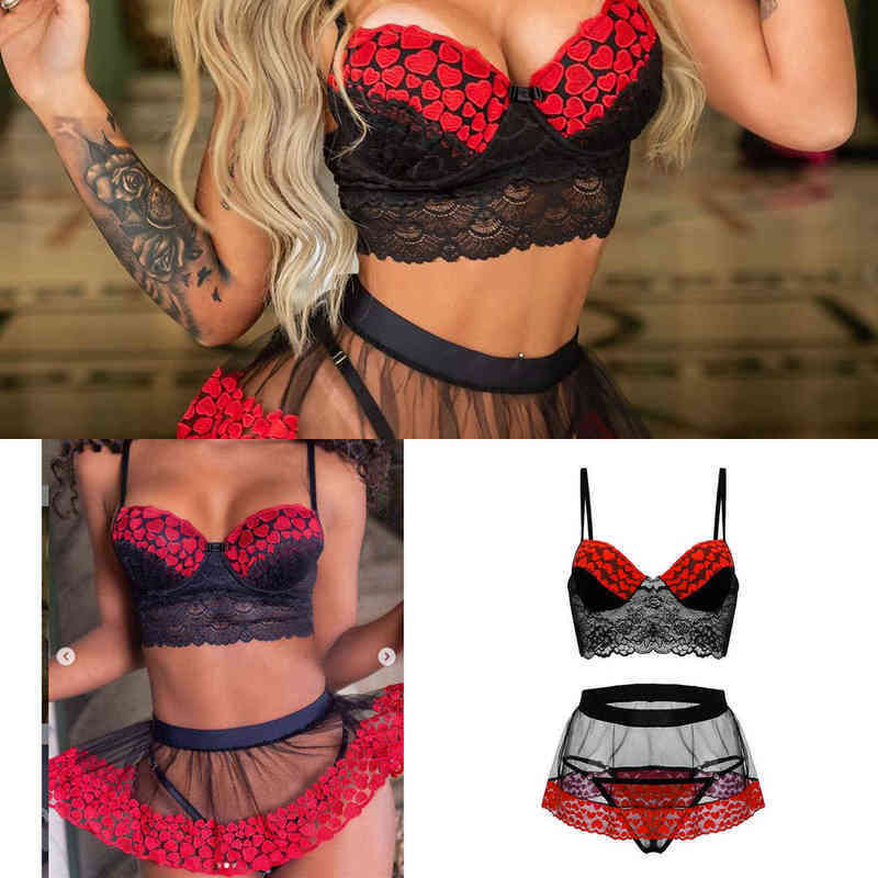 

Nxy Sexy Underwear Fashion Womens Sexy Lingerie Women Sleev s Lace Mesh Peach Heart Print Crop Top Mini Skirt Suits Erotic 3pcs Sets 0609, Black and red