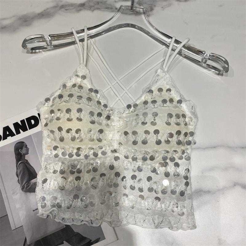 

DEAT summer fashion women clothes straps lace patchwork bling bra spliced sexy club wearing camsi WR56901 210709, White