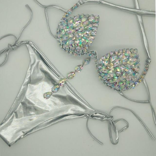 Vacation Tassels Bikini Set Rhinestone Swimwear Diamond Swimsuit Bandage Bathing Suit Bling Stones Beachwear Women's