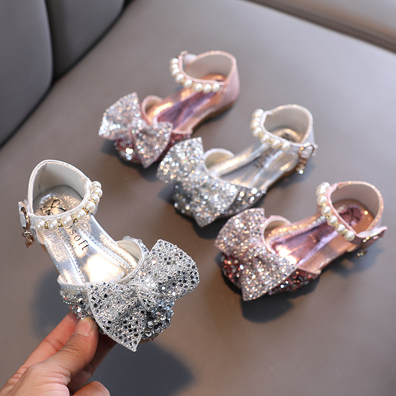 

Children's Glitter Rhinestone Sandals Girls Bow-Knot Princess Shoes Kids Cute Pearl Performance Sandals, Sliver