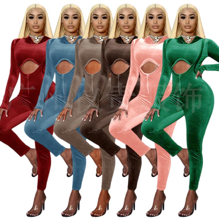 

Women' Two Piece Pants Chiclover 2022 Hooded Crop Top And Zipper Bodycon Jumpsuit Skinny Sexy Outfits For Women Set Wholesale Drop, Brown