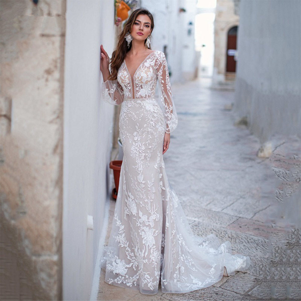 Elegant Mermaid Wedding Dress Long Sleeves Deep V Neck Appliques Lace Floor Length Stylish Backless Hollow Illusion Custom Made Ruffles Bridal Go