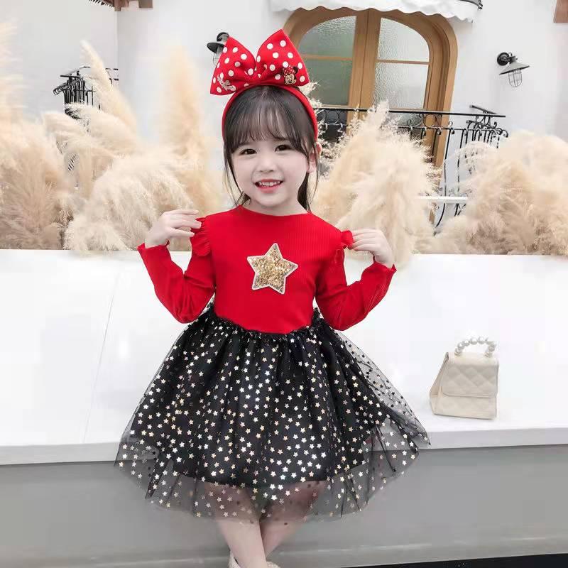 

Girl's Dresses Spring Autumn Kids Girls Long Sleeve Knitted Princess Mesh Skirt Dress Fashion Stars Printed Baby 1-9YGirl's, Pink dress