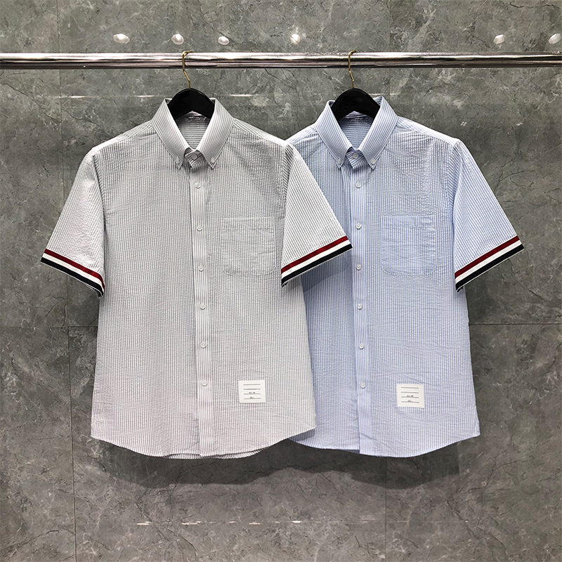 

Classic Seersucker Men's Shirt Summer Cool Thin Short Sleeve Striped Cuffs Designer Shirts Casual Luxury Brand Quick Drying Breathable Beach Shirts, Blue