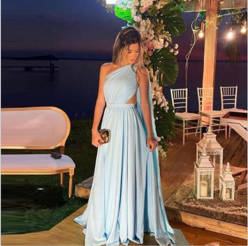 

2022 Blue Chiffon Evening Dresses One Shoulder Pleats Cut-out Long Cape Sleeve Prom Gowns Women Plus Size, Khaki