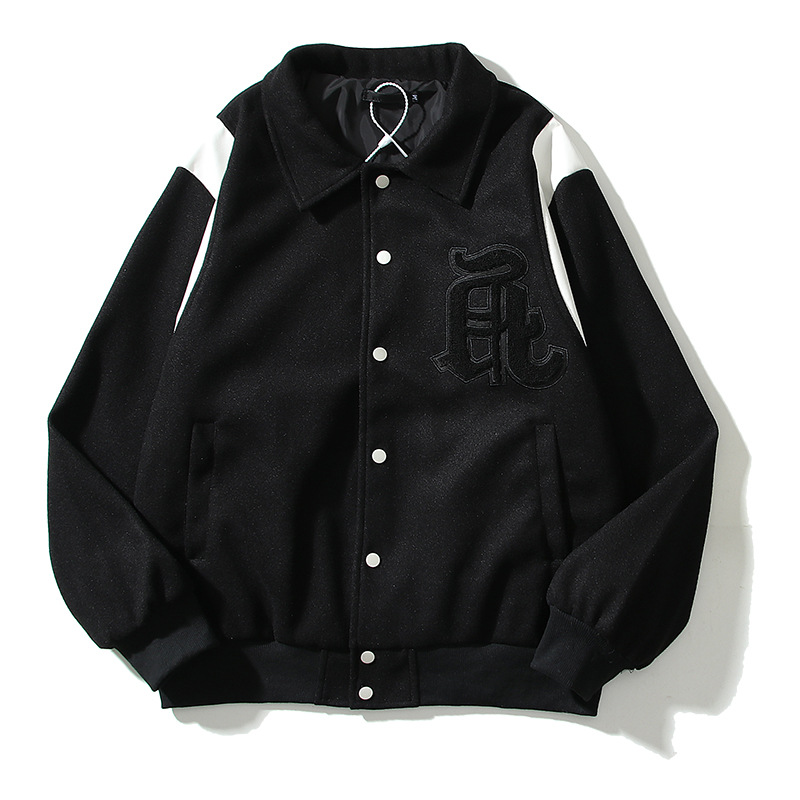 

Autumn Winter Jacket Men Vintage Embroidery Colorblock sleev High Quality coats Men's Thick Baseball Casual Outwear Tops, Black