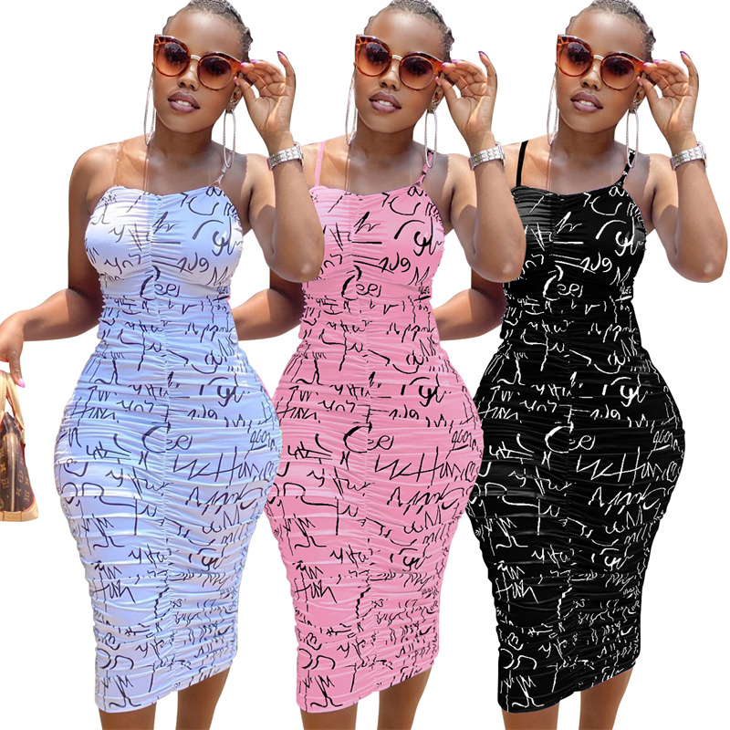 

Women Dress Print Spaghetti Strap Slash Neck Sheath Elastic Mid Calf Dresses, Black