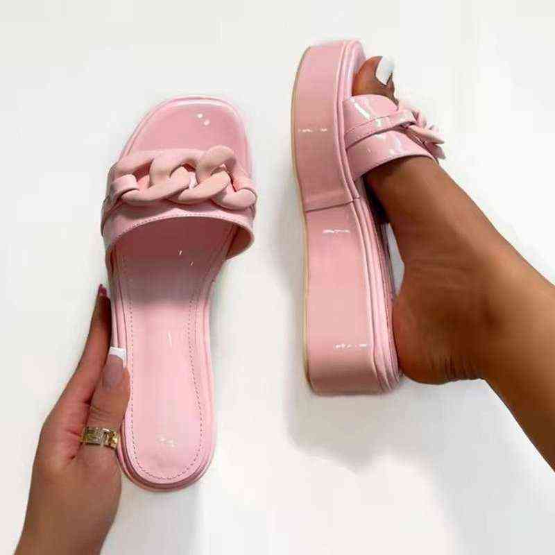

2022 New Summer Women Platform Shoes Outdoor Beach Metal Chain Wedges Sandals Fashion Designer Slippers Casual Flip Flops Slides Y220621, Black