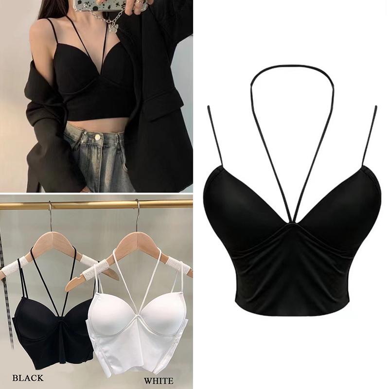 

Camisoles & Tanks Sexy Spice Girl Blouse With Breast Pad Wrapped Bra Ice Silk Neck Hanging Small Sling Fixed Body Chest ChestCamisoles, Black
