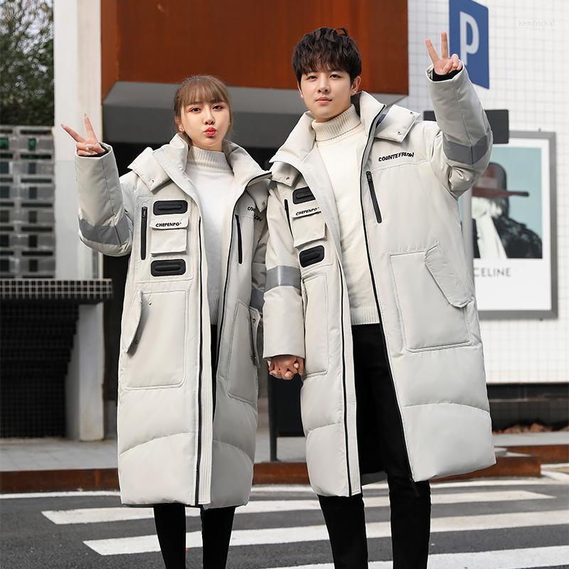 

Men's Trench Coats Winter Korean Mens Long Hooded White Duck Down Jacket Men Cargo Solid Coat Couples Loose Thick Windbreaker S-3XL Kend22