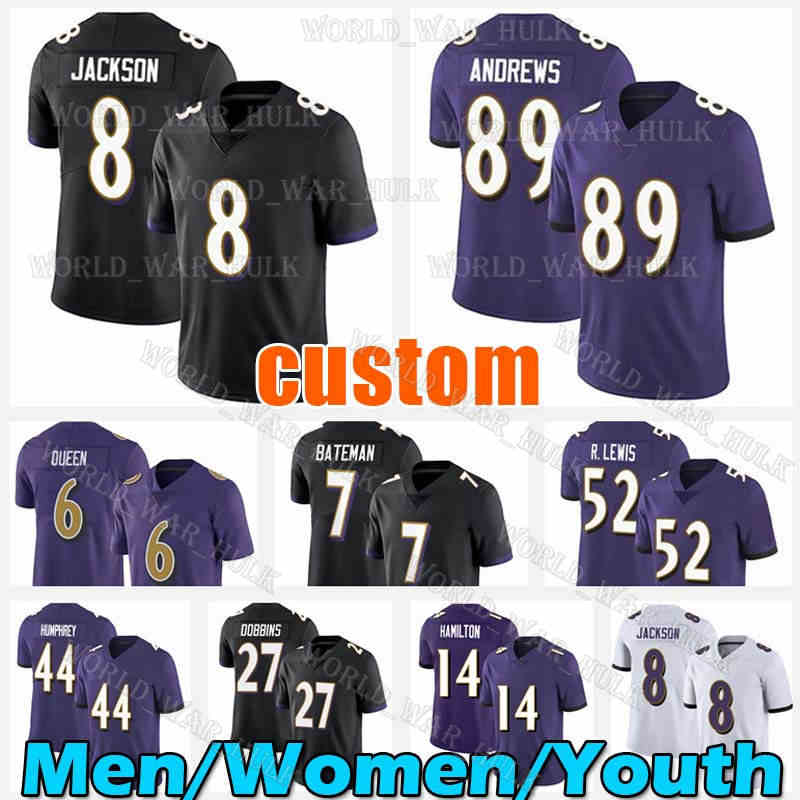 

8 Lamar Jackson Football jersey Mark Andrews Odafe Oweh Baltimore''Ravens''Marlon Humphrey Kyle Hamilton Patrick Queen 7 Rashod Bateman JK Dobbins Ray Lewis 44, Custom youth (w y)