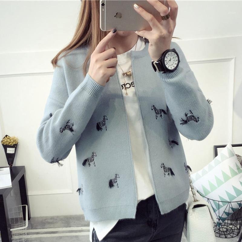 

Wholesale-Animal Zebra Embroidery Cardigan Women Autumn Winter Sweater 2022 Fashion Lovely Knitted Cardigans Female Tricot Sweaters, Sky blue