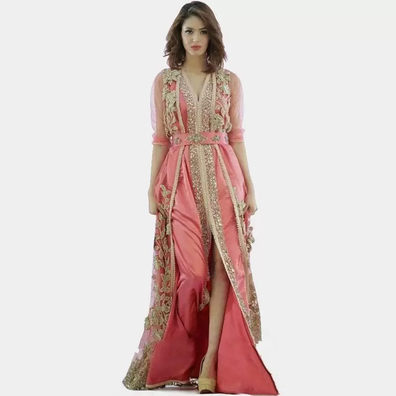 

Elegant Moroccan Kaftan Evening Dresses Split Front Floor Length Formal Party Gowns Gold Lace Appliques Crystals Beaded Robe De Soriee Arabic Dubai Women Prom Wear, Dark navy