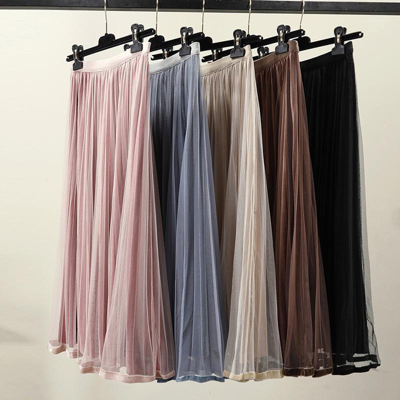

Skirts 2022 Spring And Autumn Pleated Women Vintage High Waist Mesh Black Mid-Calf A-Line