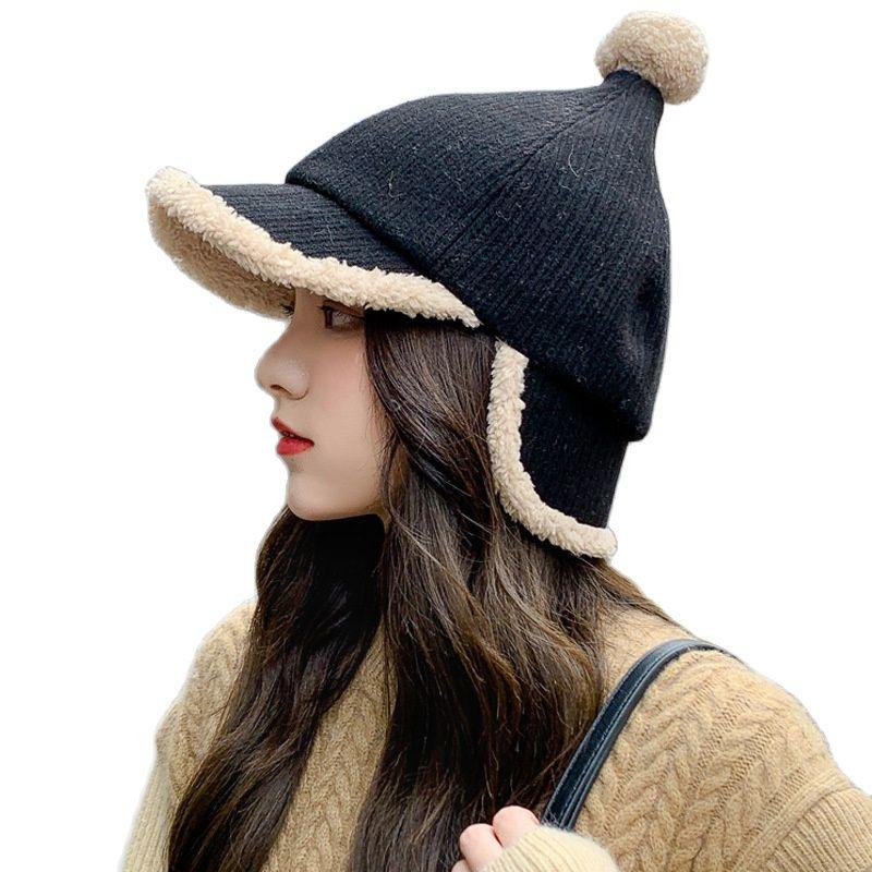 

Berets Autumn And Winter Hats Women Wild Warm Ear Protection Plush Sweet Cute Two Pointed Caps, Grey