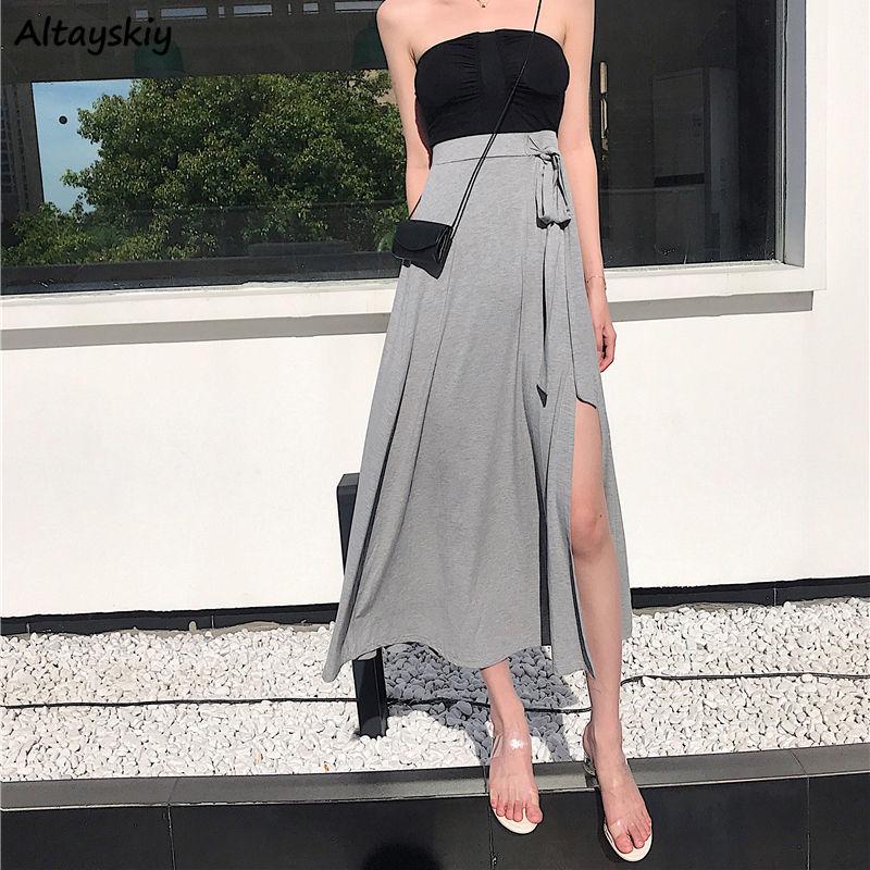 

Skirts Womens Summer Solid Bow Side-Slit Mid-Calf Sexy Lady High Waist Lacing Up Casual Loose Elegant Feminine Chic Comfy 2022Skirts, Black