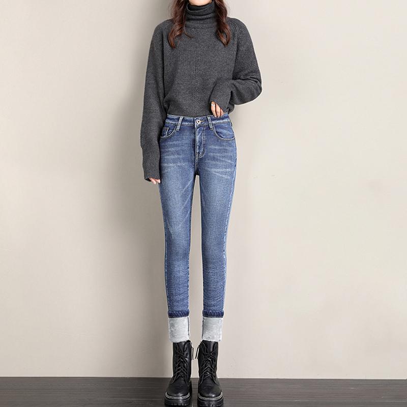 

Women's Jeans Basic Women Pencil Velvet Pants Winter Female Streetwear Vintage Blue High Waist Femme Long Denim Trousers, Black gray velvet