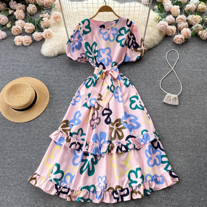 

Casual Dresses Fashion Temperament Summer Clothes For Women 2022 Elegant Vintage Print Lacing Slim A-line Short Sleeve Robe Longue FemmeCasu
