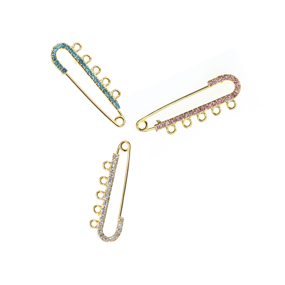 

5CM Gold /Silver Plated Small Alloy Rhinestone Safety Pins Brooches Islamic Muslim Pink White Blue Crystal Hijab Scarf Baby Pins With 5 Loops For DIY Jewelry Making