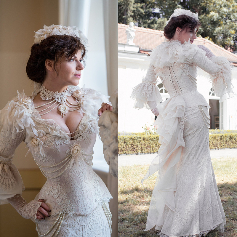 

Vintage Victorian Lace Mermaid Wedding Dress Long Sleeve Ruffle Gothic Wedding Gowns V-Neck Elegant Corset Retro Ivory Bridal Dresses Black Color Custom Made, Champagne