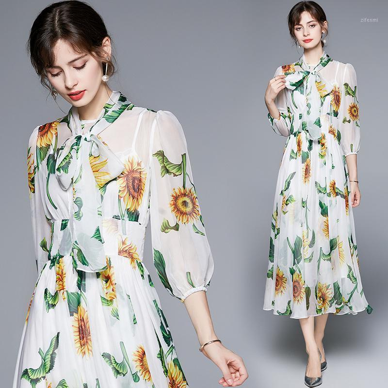 

Casual Dresses Simgent Sunflower Print Dress Women Summer A Line Flared Elegant Midi Chiffon Beach Vestidos Robe Femme Holiday SG15192, Mixed color
