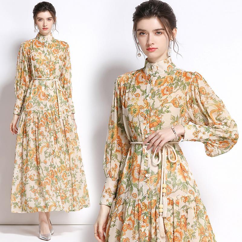 

Casual Dresses Real S Spot 2022 Autumn Belt Personalized Design Printed High-end Lantern Sleeve Dress Long, As pic