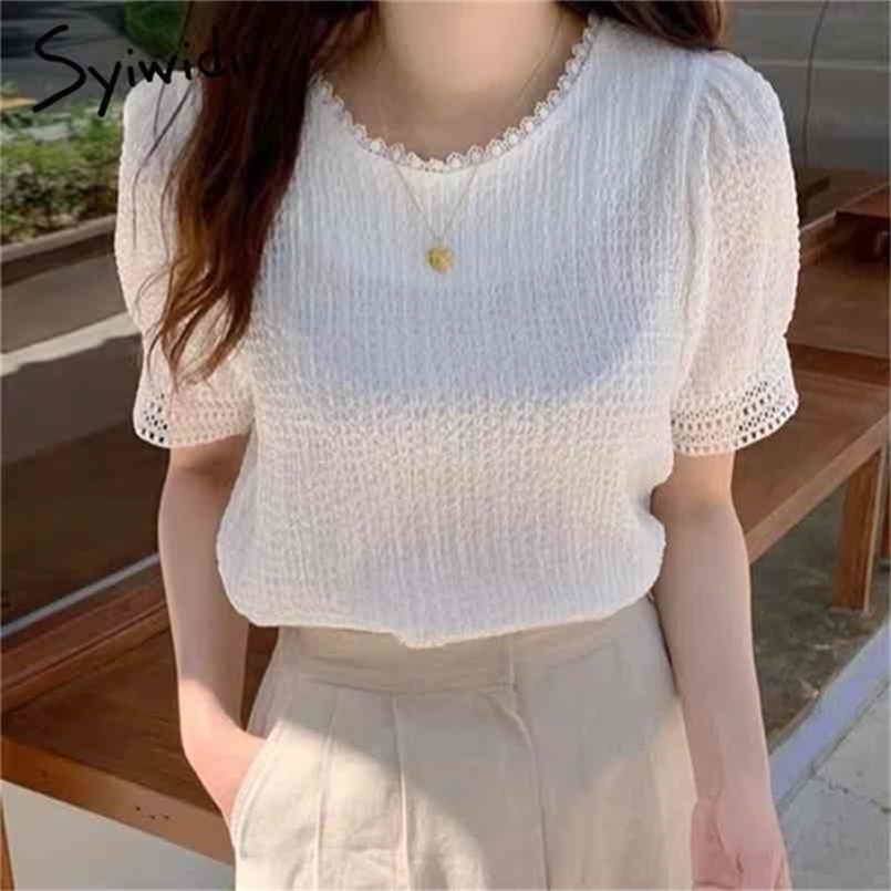 

Lace Spliced Blouses for Women Puff Sleeve Short Tops O-Neck Casual Clothes Summer Korean Fashion Shirt 210607, White