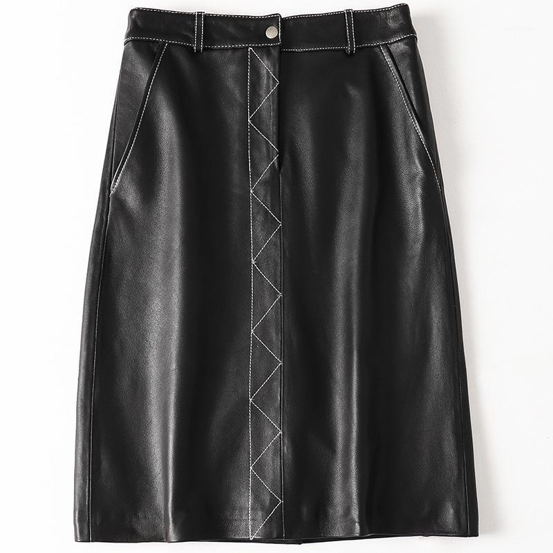 

Skirts 2022 Wave Genuine Leather Mid-length Skirt For Women's Slim Real Sheepskin Fashion Bag Hip Black -XXL Size, As pic